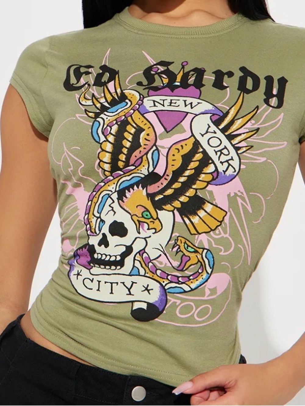 Ed Hardy Olive Graphic Tee with Multicolor Skull & Snake Print